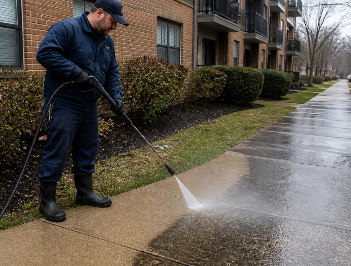 Technician pressure washing a stained sidewalk clean