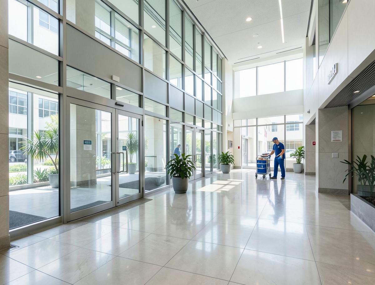 Clean commercial building lobby with glass entrance and a janitorial cart