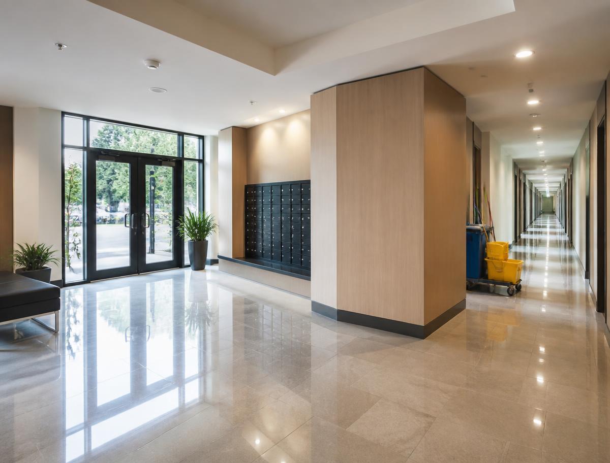 Spotless apartment building lobby and corridor