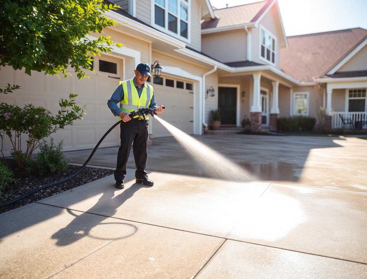 Technician pressure washing a residential driveway with a visible clean stripe