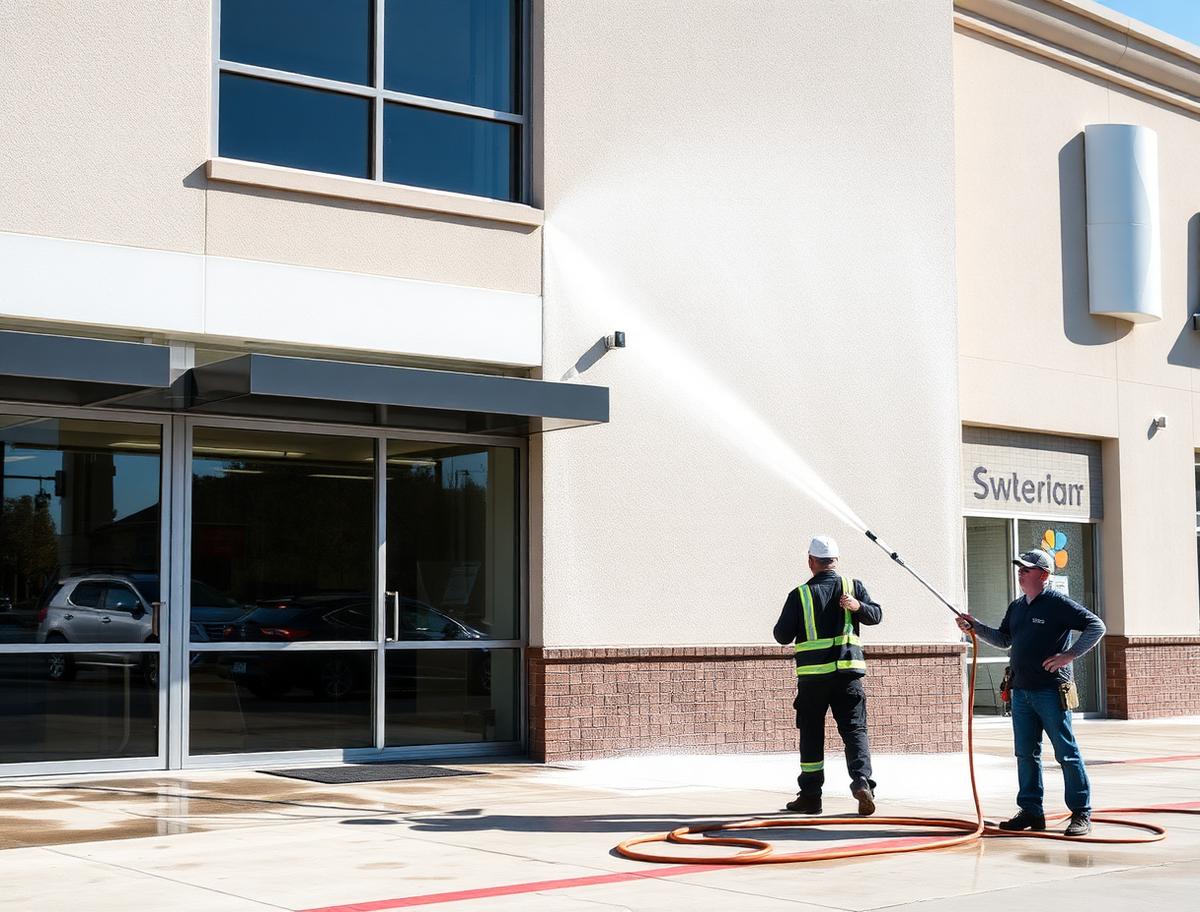 Crew soft washing the stucco exterior of a commercial retail building